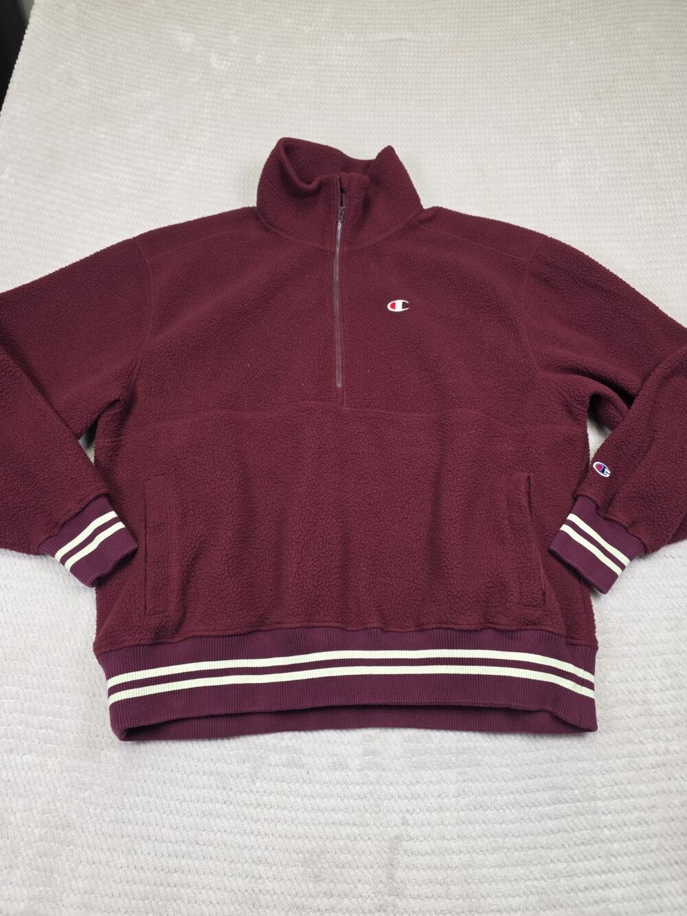 Champion Fleece Mens XL WarmUp Jacket High Pile Fleece Half Zip Maroon
